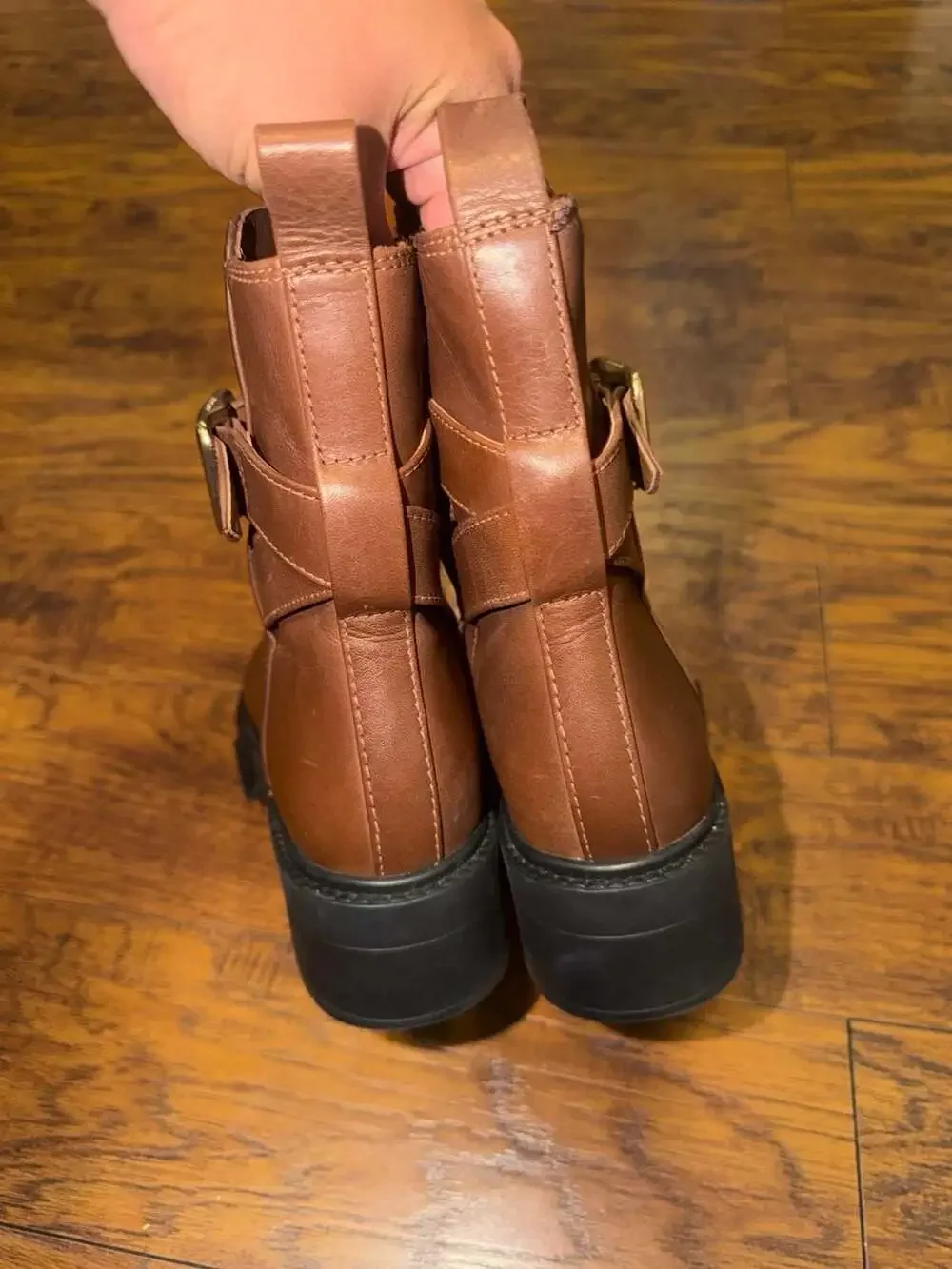 Coach Brown Leather Lug Sole Buckle Booties
